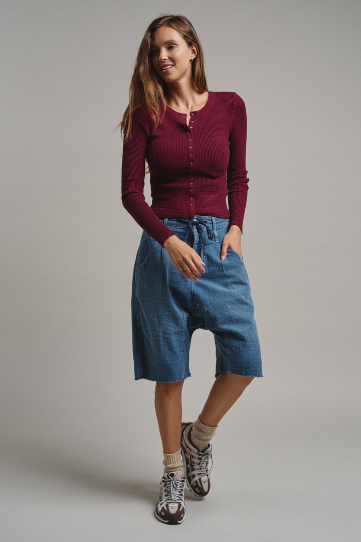 Soft Focus Waffle Knit Henley Top in Burgundy - Women's Wholesale T-Shirts & Polos | Trend Notes