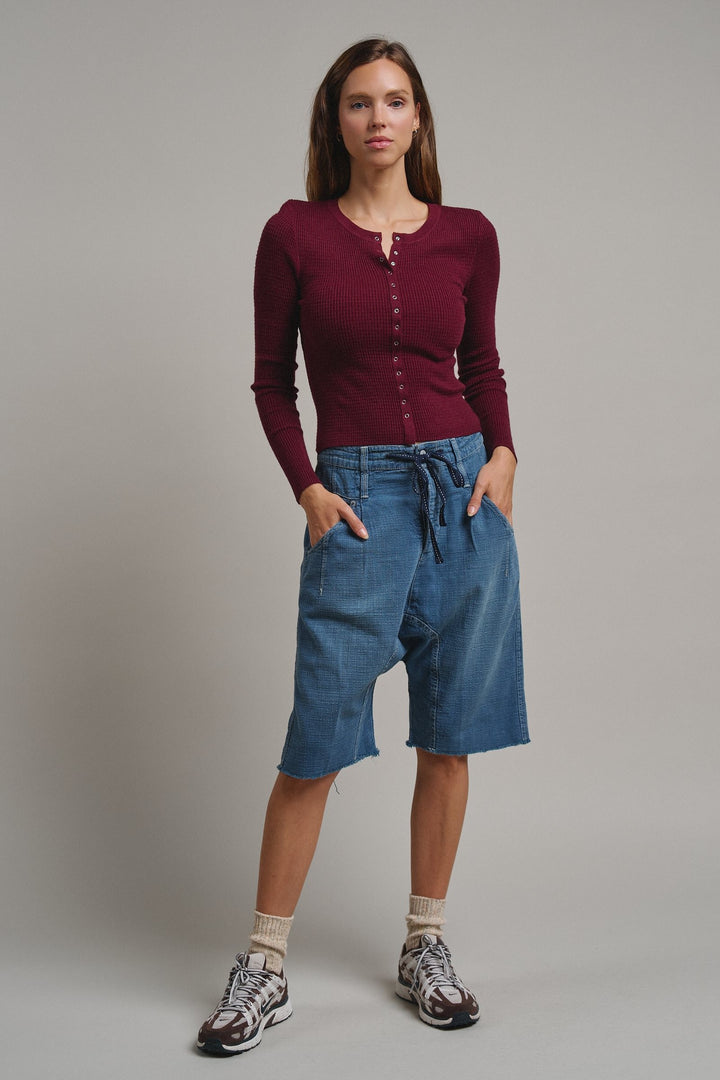 Soft Focus Waffle Knit Henley Top in Burgundy - Women's Wholesale T-Shirts & Polos | Trend Notes