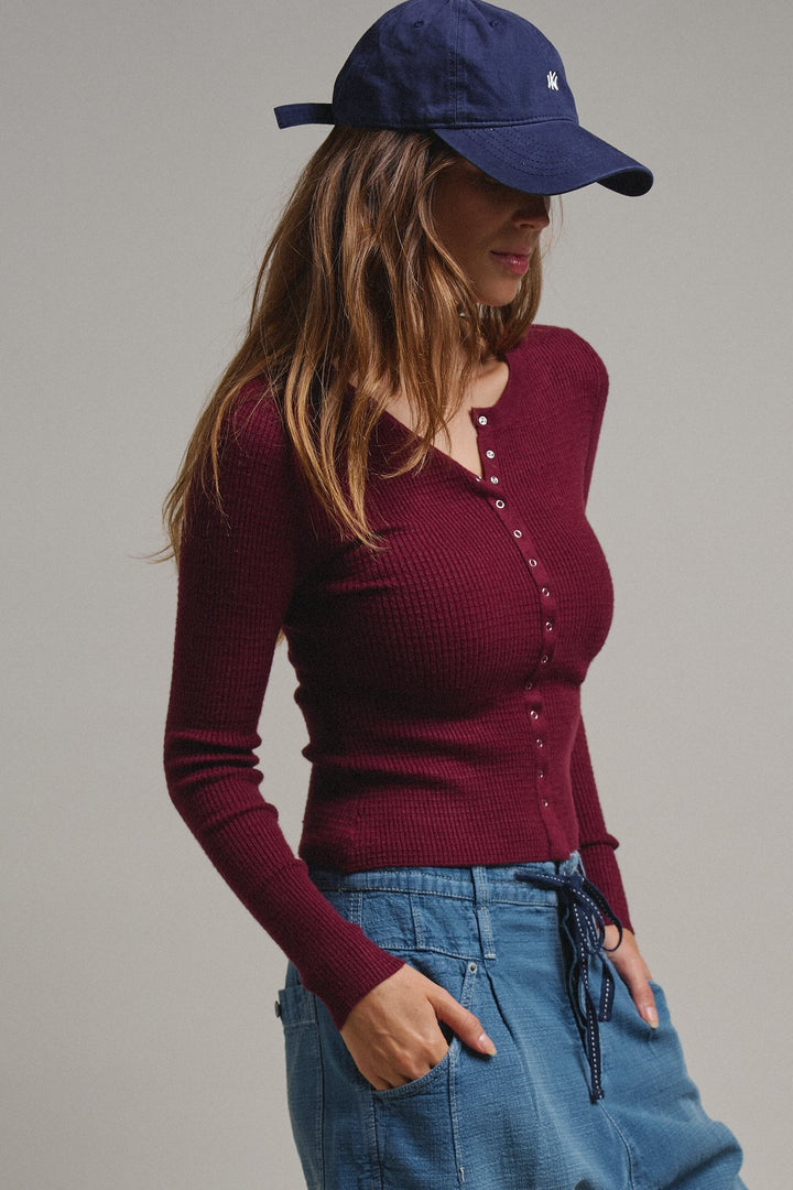 Soft Focus Waffle Knit Henley Top in Burgundy - Women's Wholesale T-Shirts & Polos | Trend Notes