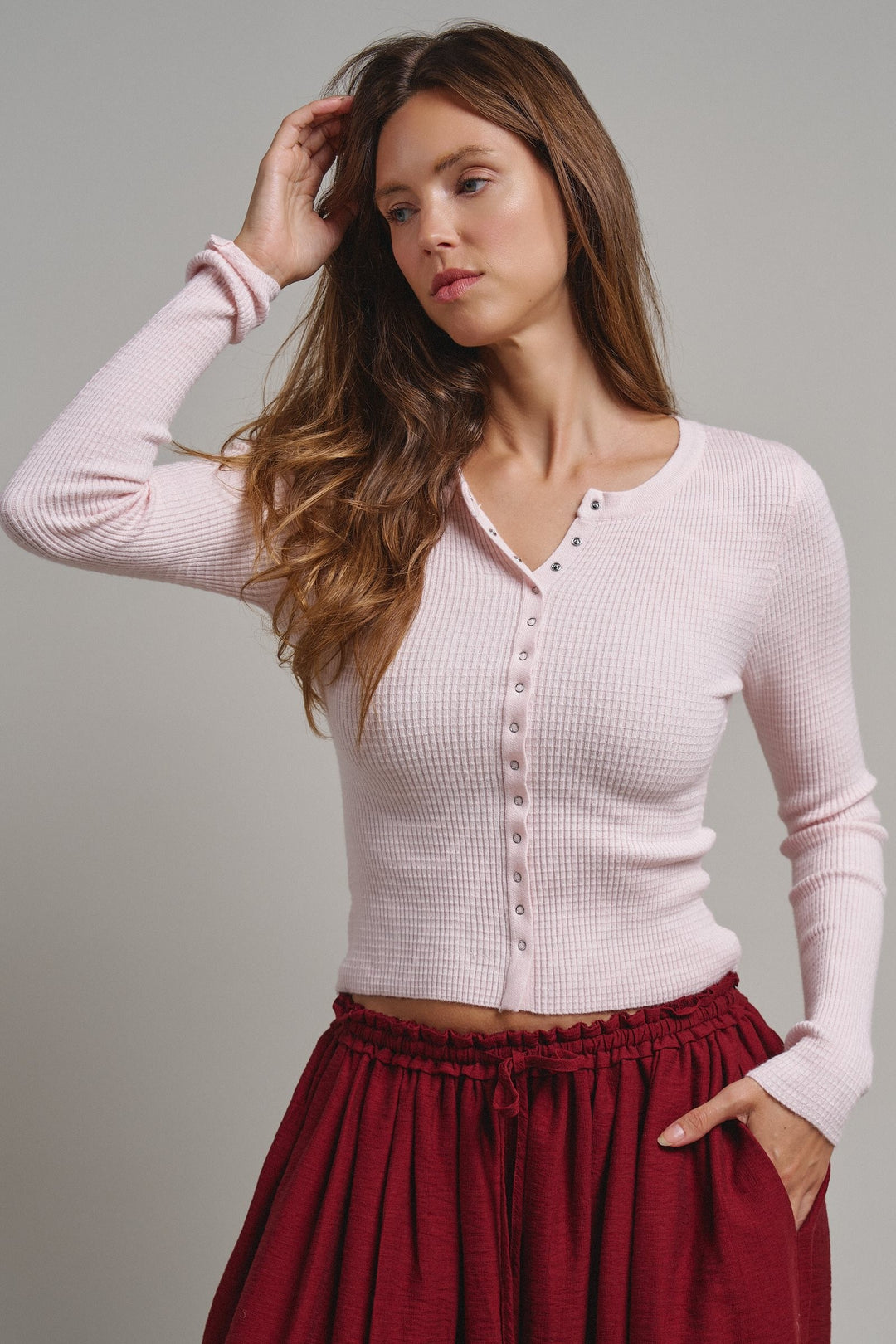 Soft Focus Waffle Knit Henley Top in Lt Pink - Women's Wholesale T-Shirts & Polos | Trend Notes