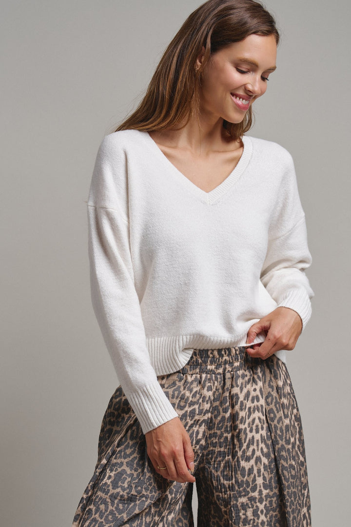 Drop Shoulder Ribbed Knit Sweater in Ivory - Women's Wholesale Sweaters | Trend Notes