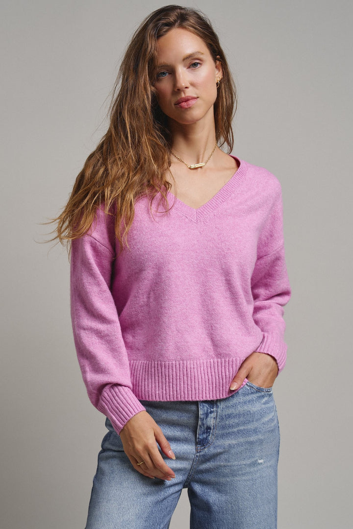 Drop Shoulder Ribbed Knit Sweater in Pink - Women's Wholesale Sweaters | Trend Notes
