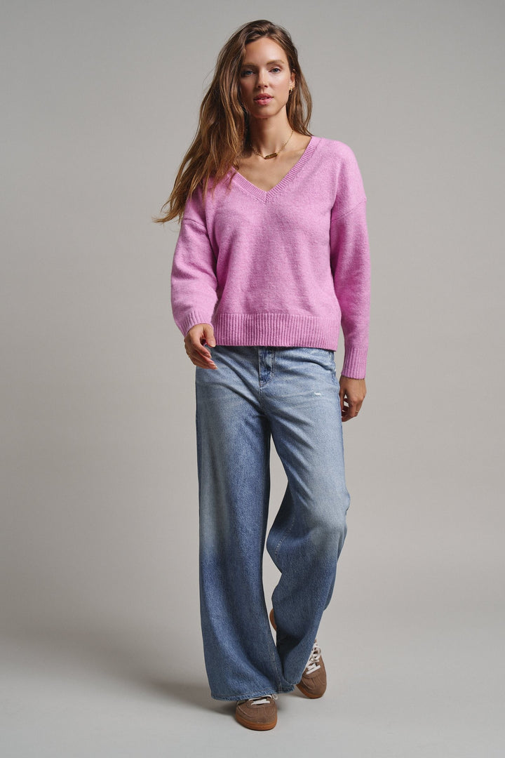 Drop Shoulder Ribbed Knit Sweater in Pink - Women's Wholesale Sweaters | Trend Notes