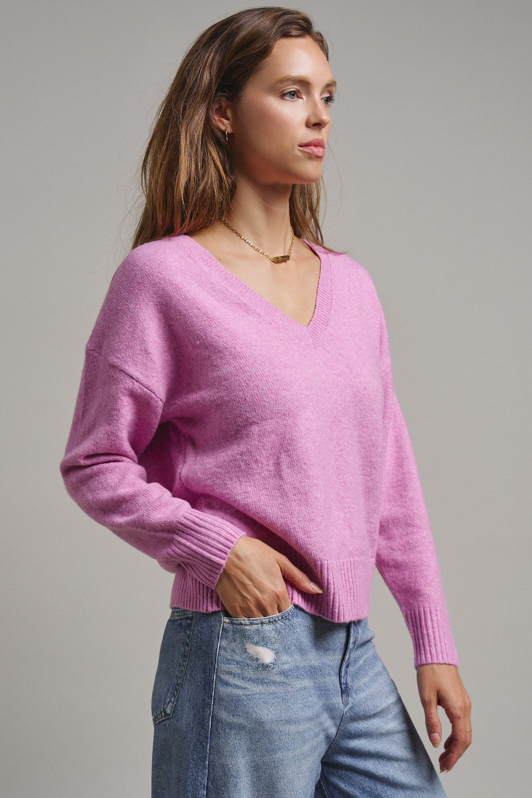 Drop Shoulder Ribbed Knit Sweater in Pink - Women's Wholesale Sweaters | Trend Notes