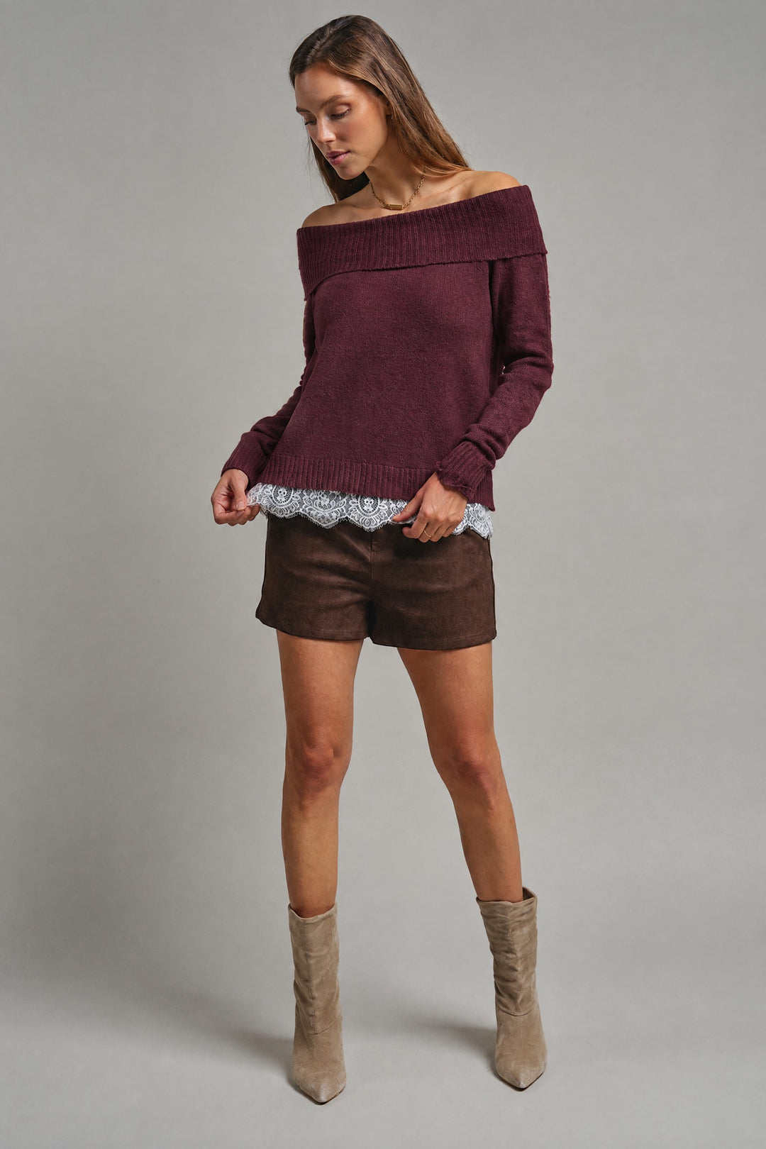 Soft Focus Off Shoulder Sweater in Burgundy - Women's Wholesale Sweaters | Trend Notes
