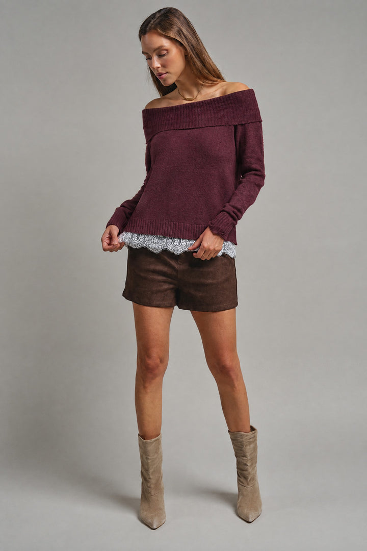 Soft Focus Off Shoulder Sweater in Burgundy - Women's Wholesale Sweaters | Trend Notes