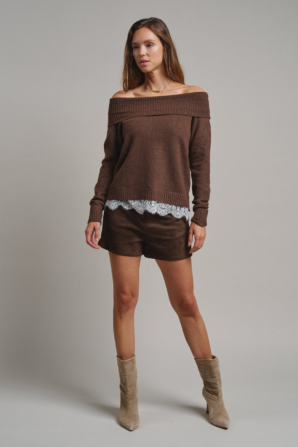 Soft Focus Off Shoulder Sweater in Mocha - Women's Wholesale Sweaters | Trend Notes