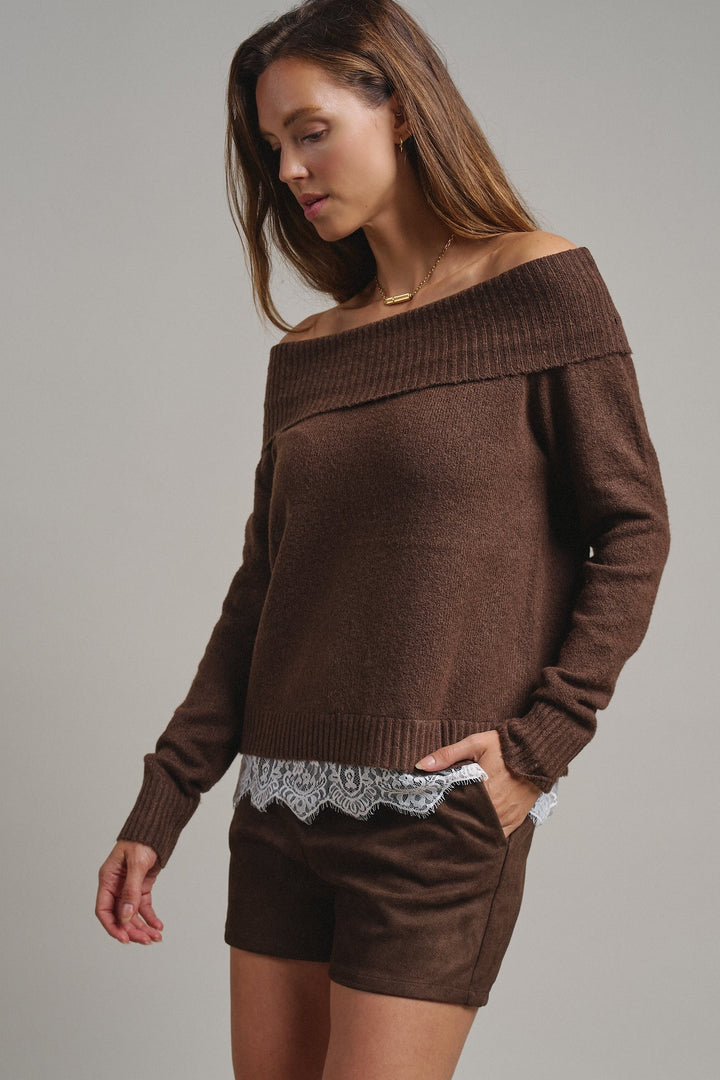 Soft Focus Off Shoulder Sweater in Mocha - Women's Wholesale Sweaters | Trend Notes