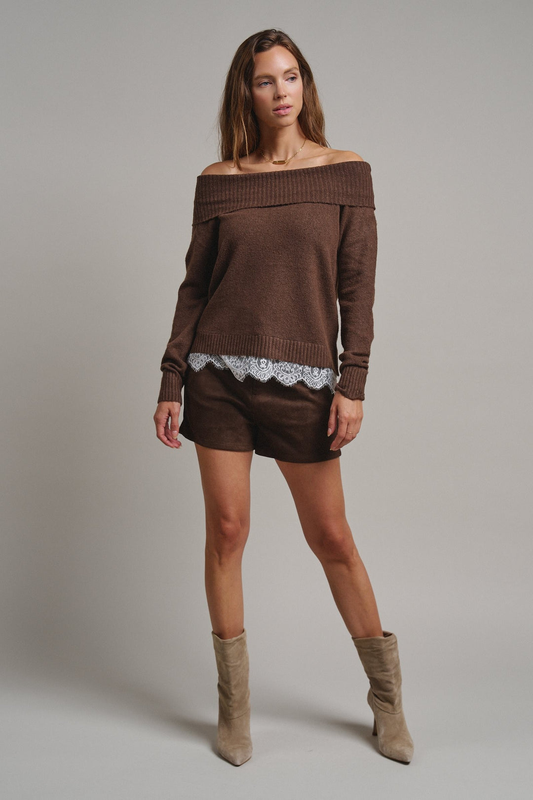 Soft Focus Off Shoulder Sweater in Mocha - Women's Wholesale Sweaters | Trend Notes