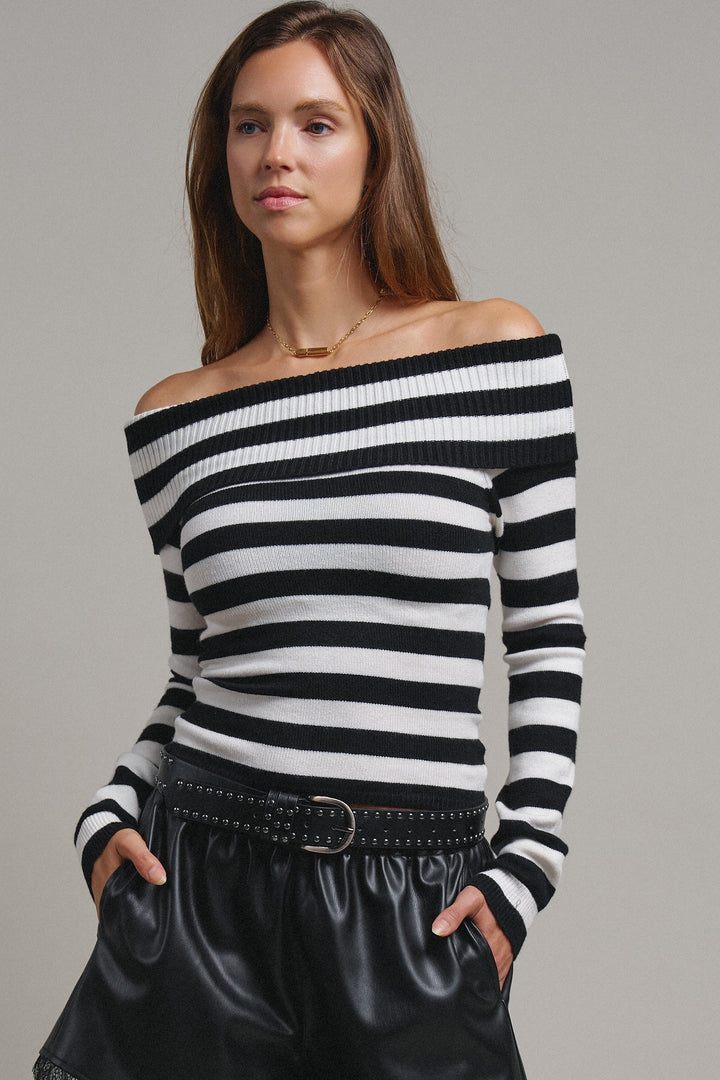 Bistro Stripe Off Shoulder Sweater in Black - Women's Wholesale Sweaters | Trend Notes