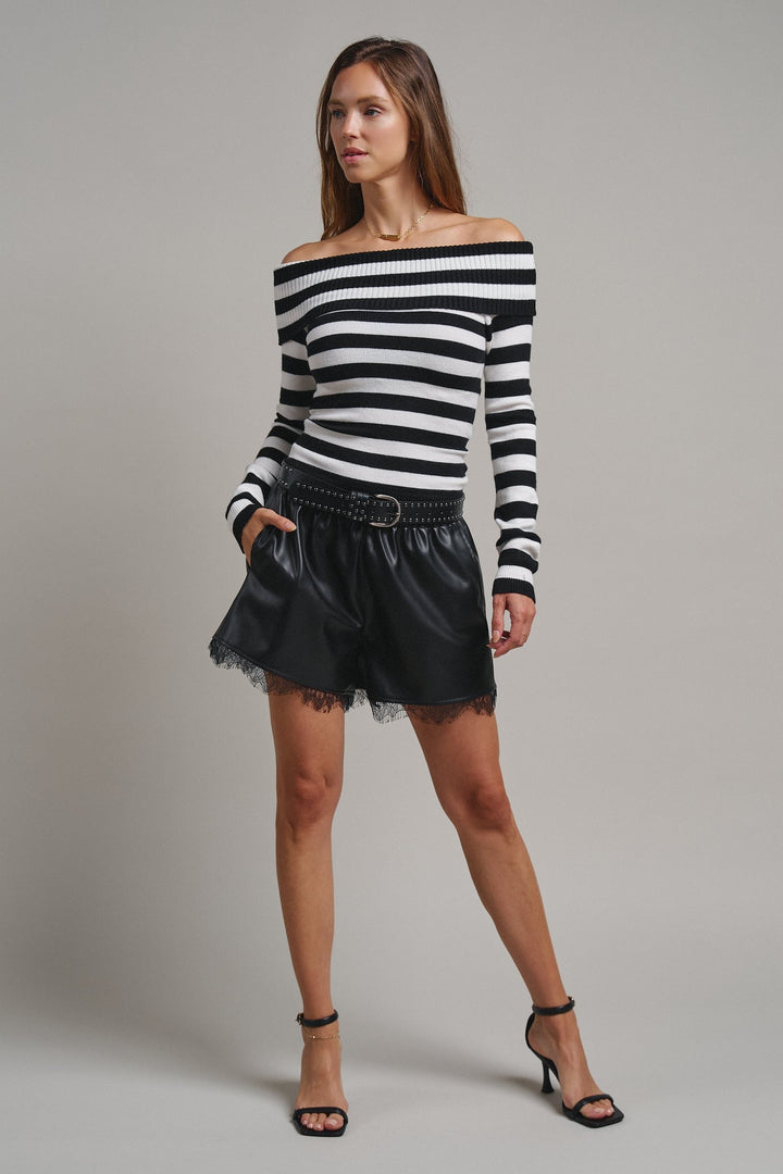 Bistro Stripe Off Shoulder Sweater in Black - Women's Wholesale Sweaters | Trend Notes