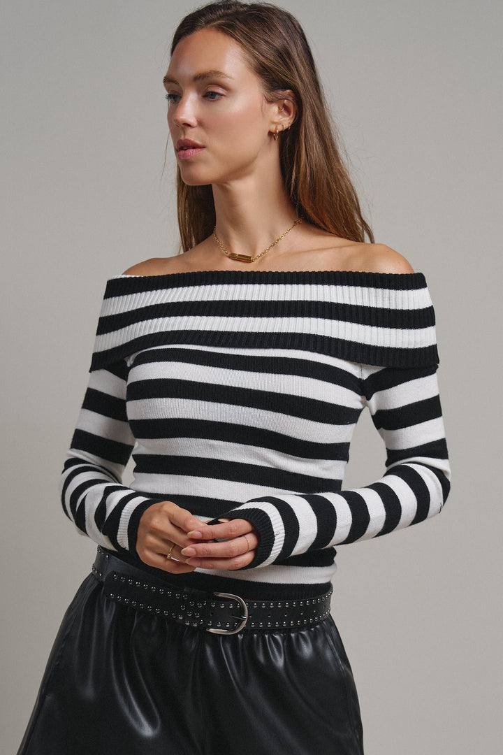 Bistro Stripe Off Shoulder Sweater in Black - Women's Wholesale Sweaters | Trend Notes