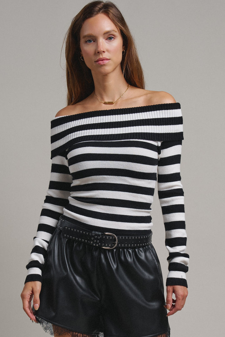 Bistro Stripe Off Shoulder Sweater in Black - Women's Wholesale Sweaters | Trend Notes