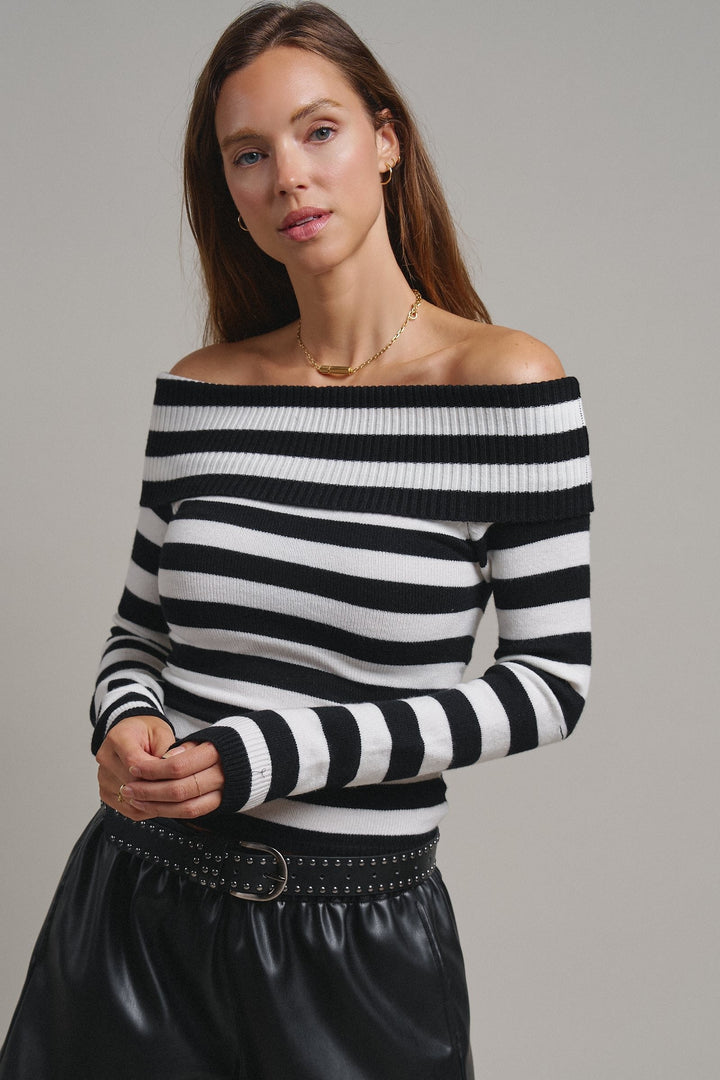 Bistro Stripe Off Shoulder Sweater in Black - Women's Wholesale Sweaters | Trend Notes