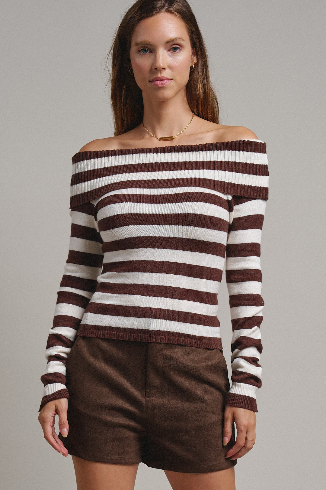 Bistro Stripe Off Shoulder Sweater in Chocolate - Women's Wholesale Sweaters | Trend Notes