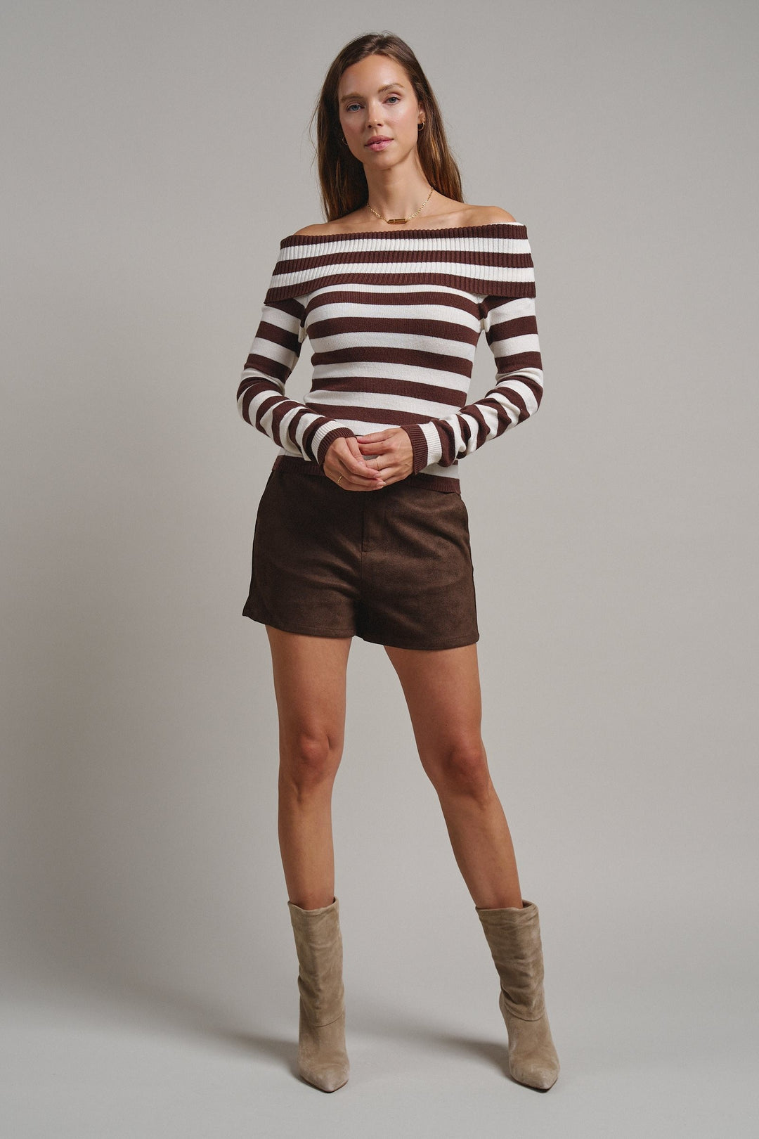 Bistro Stripe Off Shoulder Sweater in Chocolate - Women's Wholesale Sweaters | Trend Notes