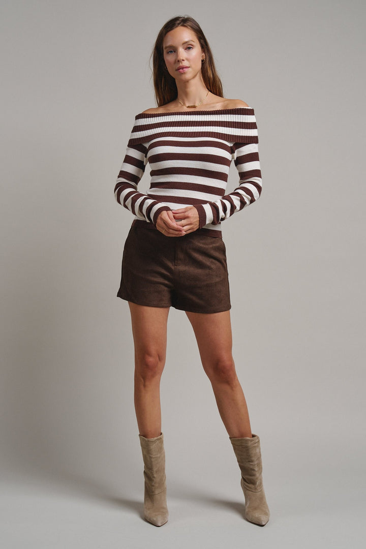 Bistro Stripe Off Shoulder Sweater in Chocolate - Women's Wholesale Sweaters | Trend Notes