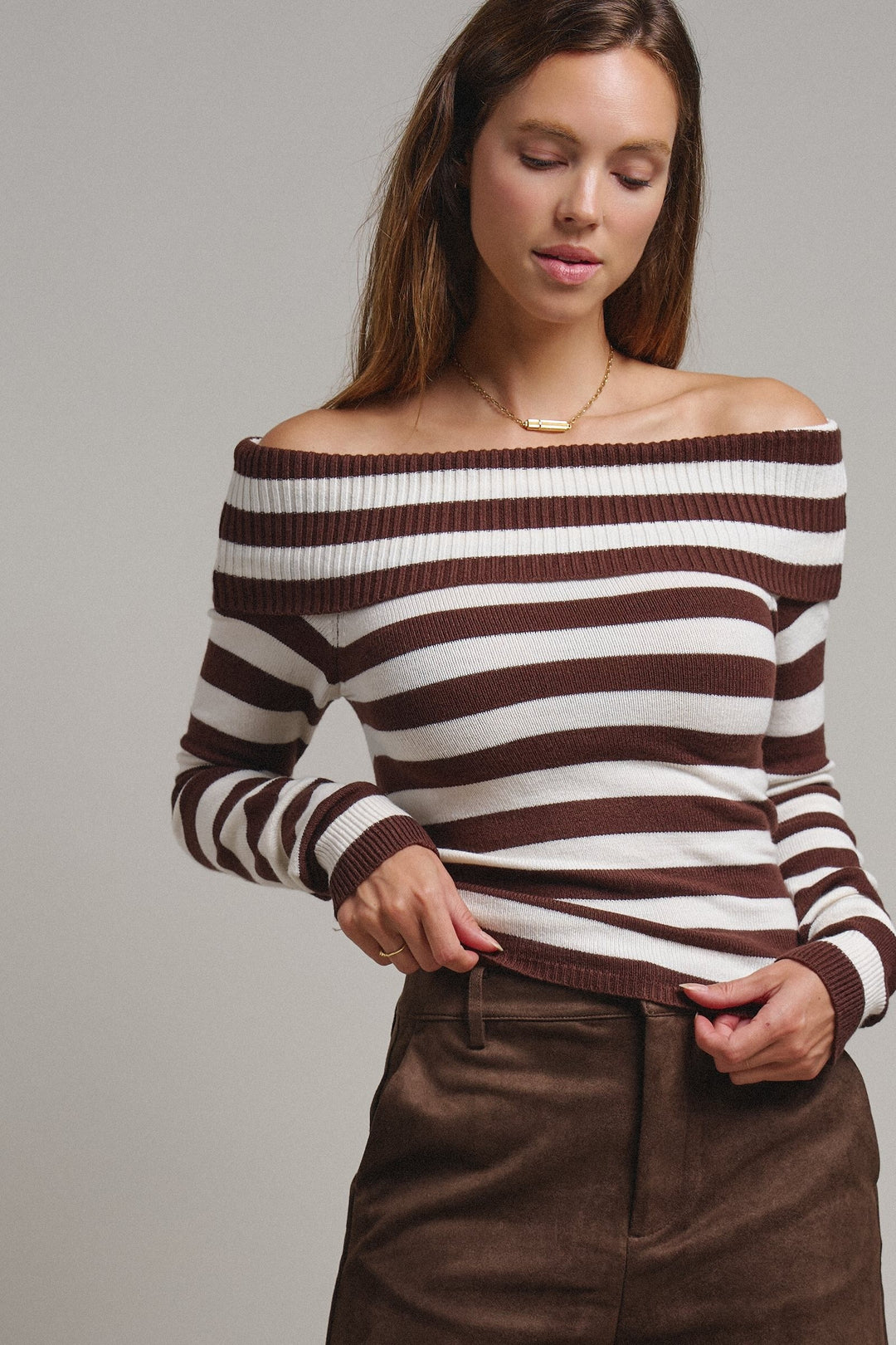 Bistro Stripe Off Shoulder Sweater in Chocolate - Women's Wholesale Sweaters | Trend Notes