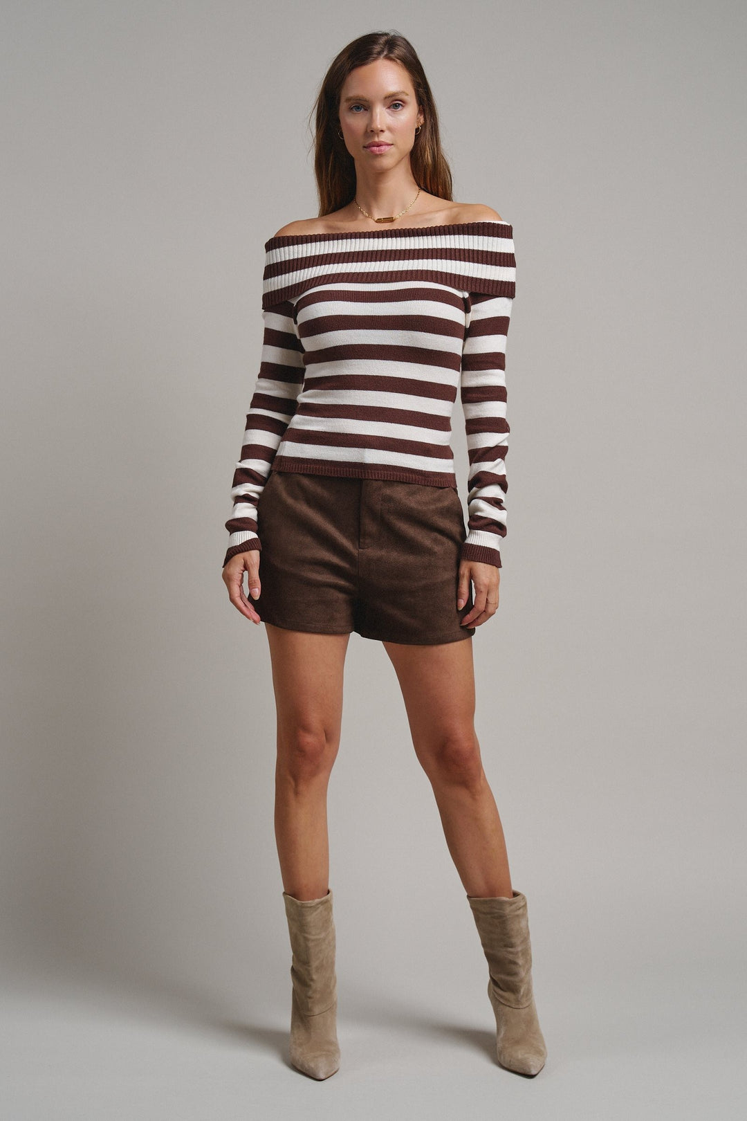 Bistro Stripe Off Shoulder Sweater in Chocolate - Women's Wholesale Sweaters | Trend Notes
