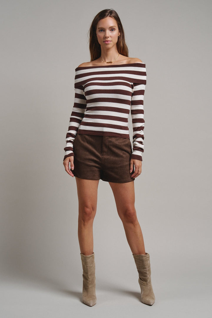Bistro Stripe Off Shoulder Sweater in Chocolate - Women's Wholesale Sweaters | Trend Notes