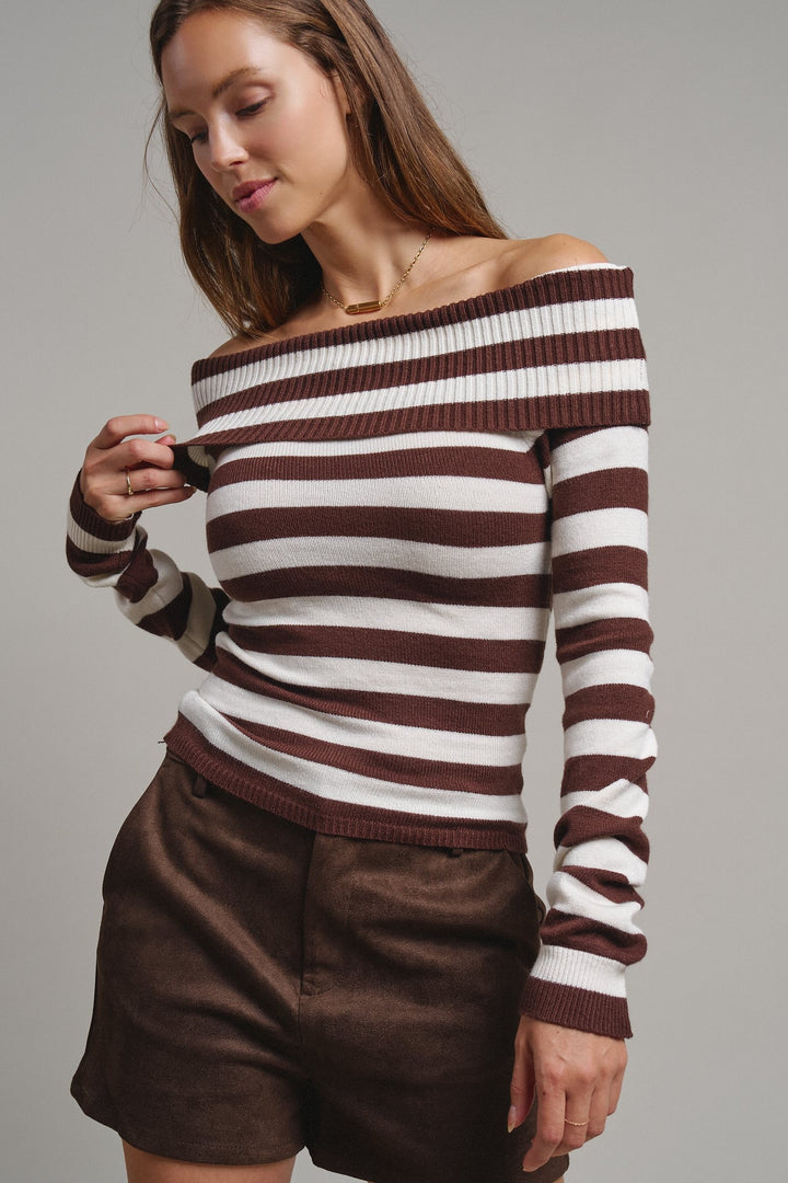Bistro Stripe Off Shoulder Sweater in Chocolate - Women's Wholesale Sweaters | Trend Notes