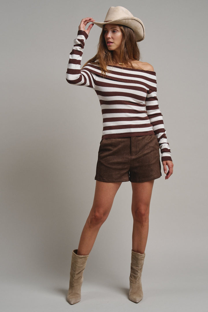 Bistro Stripe Off Shoulder Sweater in Chocolate - Women's Wholesale Sweaters | Trend Notes