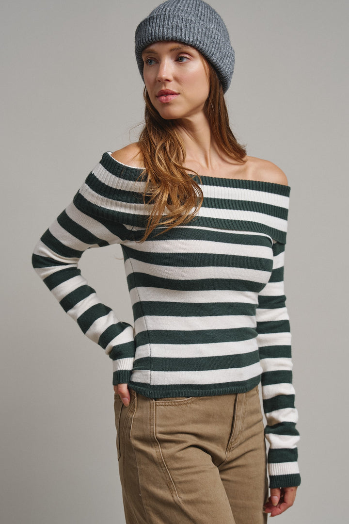Bistro Stripe Off Shoulder Sweater in Hunter - Women's Wholesale Sweaters | Trend Notes
