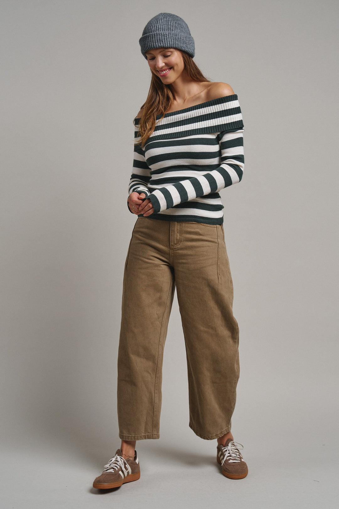 Bistro Stripe Off Shoulder Sweater in Hunter - Women's Wholesale Sweaters | Trend Notes