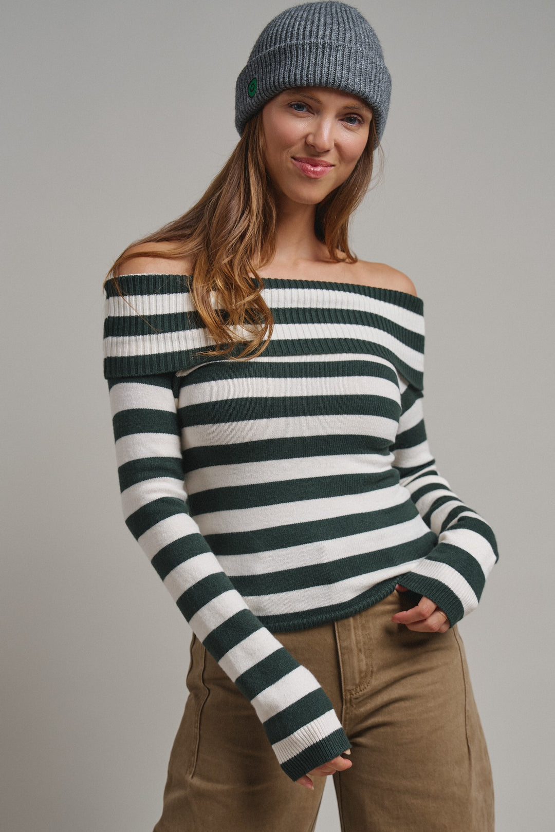 Bistro Stripe Off Shoulder Sweater in Hunter - Women's Wholesale Sweaters | Trend Notes