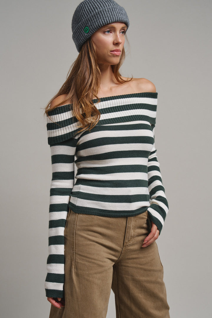 Bistro Stripe Off Shoulder Sweater in Hunter - Women's Wholesale Sweaters | Trend Notes