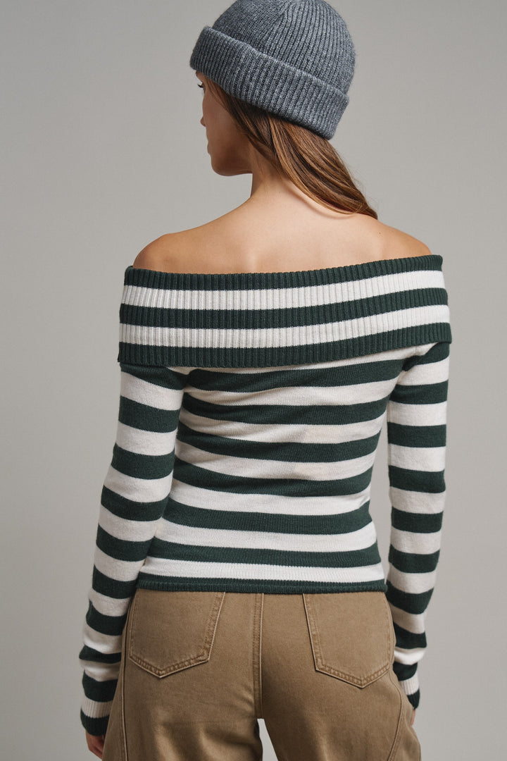 Bistro Stripe Off Shoulder Sweater in Hunter - Women's Wholesale Sweaters | Trend Notes