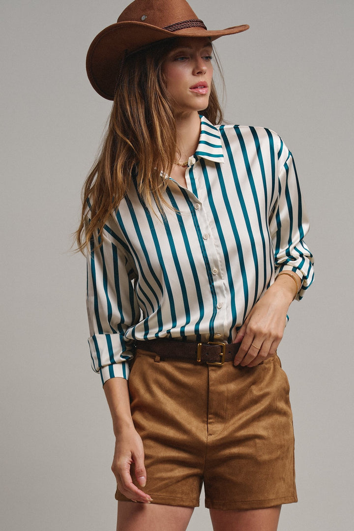 Ribbon Stripe Satin Button Down in Black - Women's Wholesale Shirts & Blouses | Trend Notes
