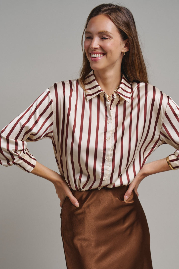 Ribbon Stripe Satin Button Down in Brown - Women's Wholesale Shirts & Blouses | Trend Notes