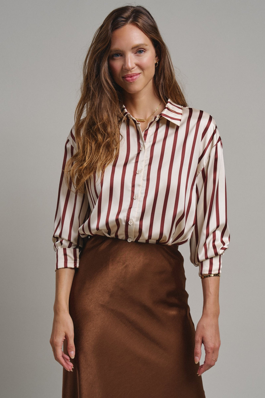 Ribbon Stripe Satin Button Down in Brown - Women's Wholesale Shirts & Blouses | Trend Notes