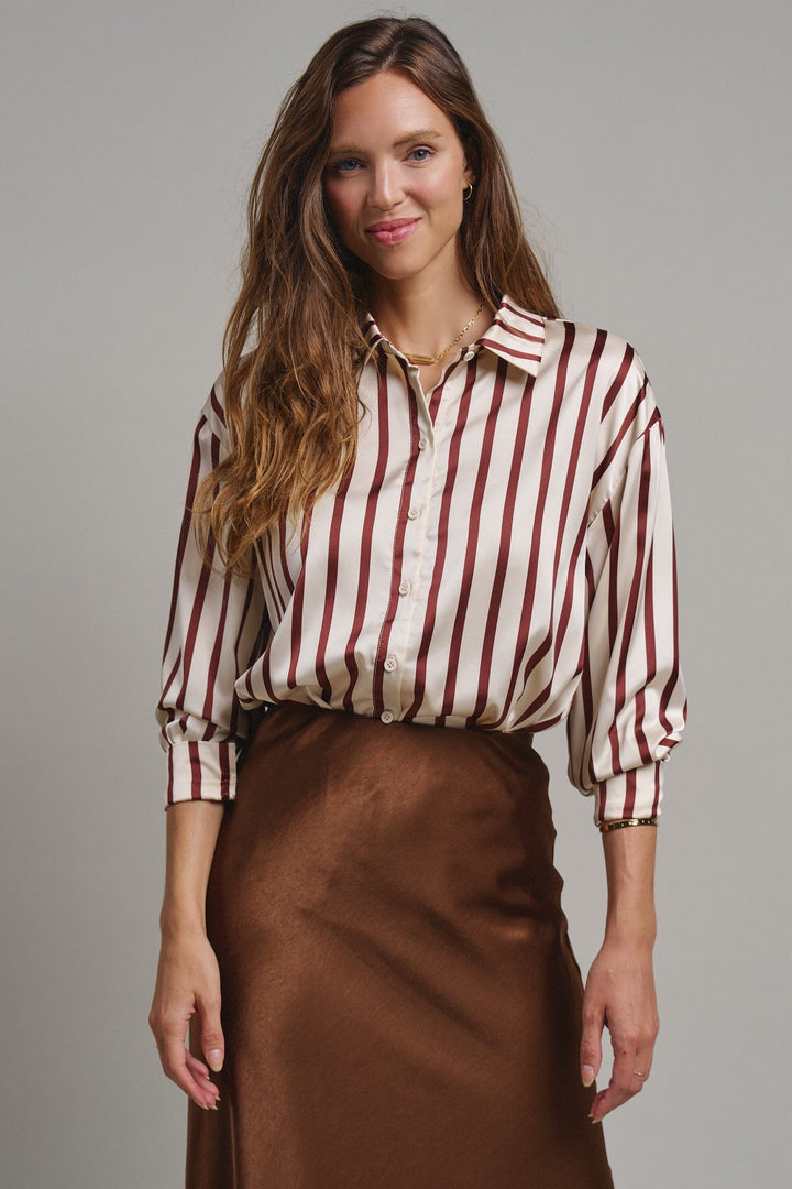 Ribbon Stripe Satin Button Down in Brown - Women's Wholesale Shirts & Blouses | Trend Notes
