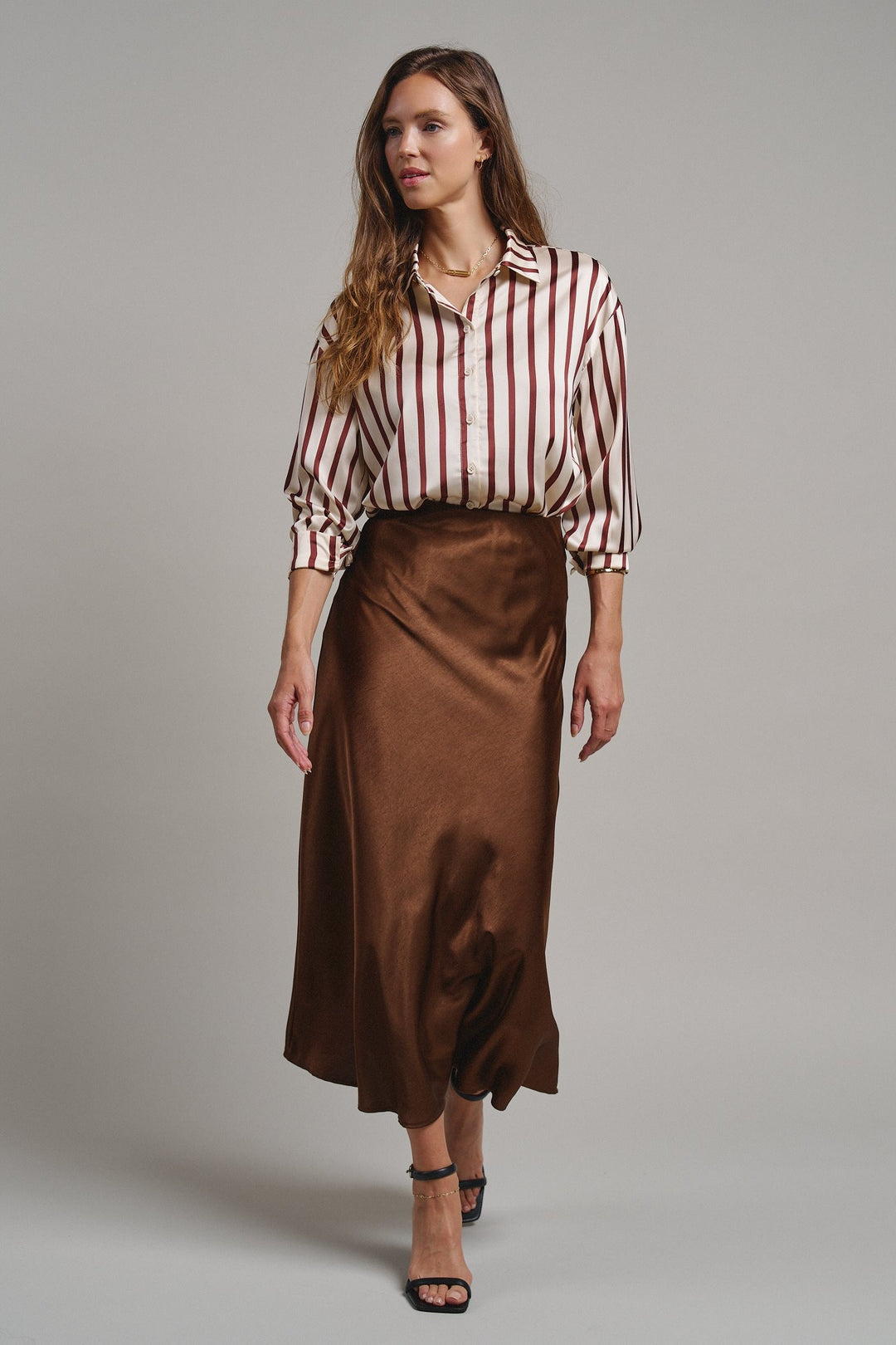 Ribbon Stripe Satin Button Down in Brown - Women's Wholesale Shirts & Blouses | Trend Notes