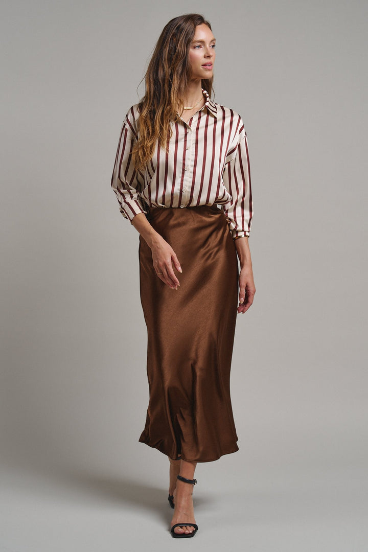 Ribbon Stripe Satin Button Down in Brown - Women's Wholesale Shirts & Blouses | Trend Notes