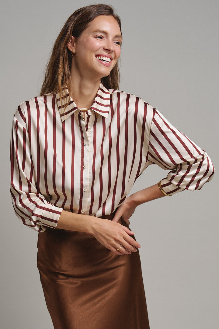 Ribbon Stripe Satin Button Down in Brown - Women's Wholesale Shirts & Blouses | Trend Notes