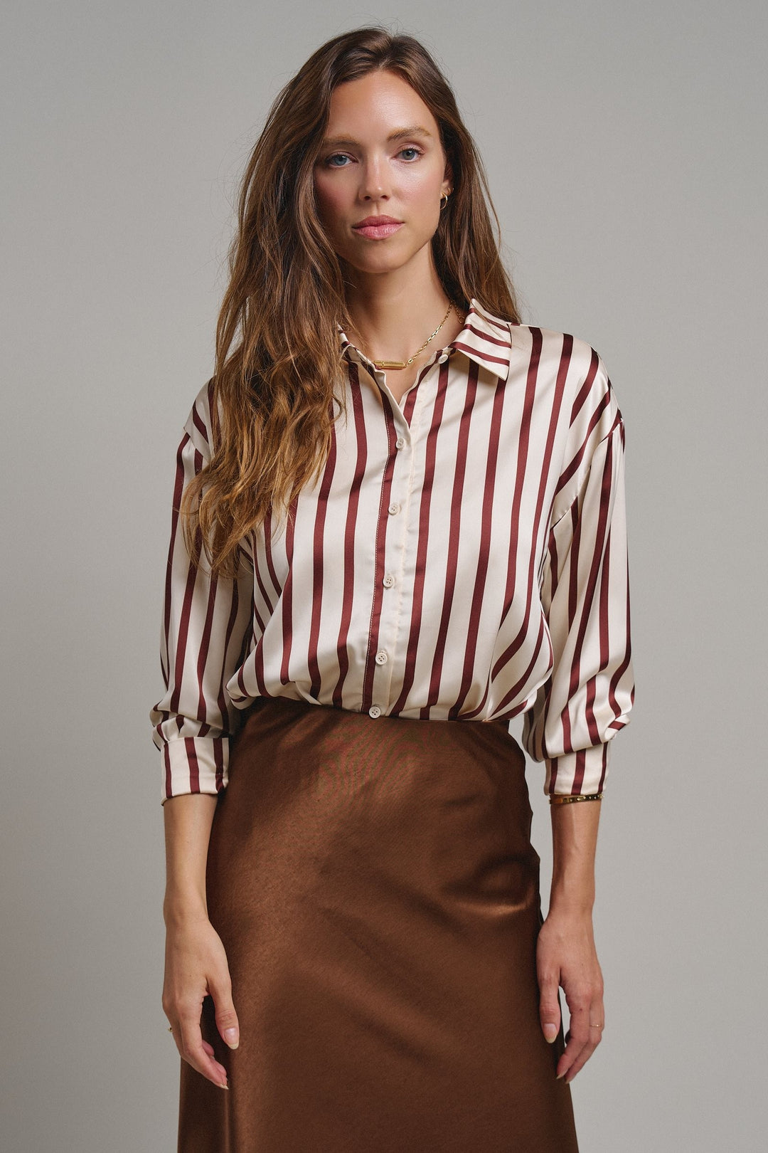 Ribbon Stripe Satin Button Down in Brown - Women's Wholesale Shirts & Blouses | Trend Notes