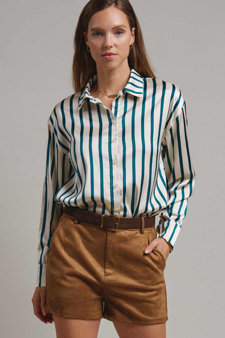 Ribbon Stripe Satin Button Down in Emerald - Women's Wholesale Shirts & Blouses | Trend Notes