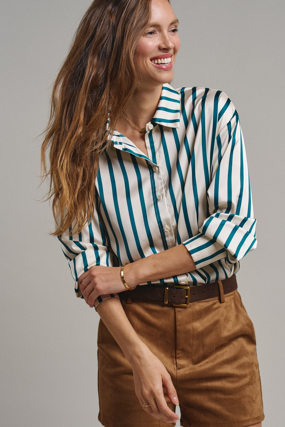 Ribbon Stripe Satin Button Down in Emerald - Women's Wholesale Shirts & Blouses | Trend Notes