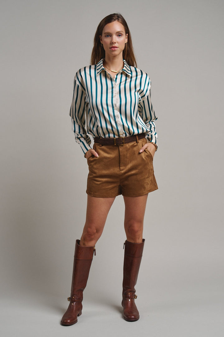 Ribbon Stripe Satin Button Down in Emerald - Women's Wholesale Shirts & Blouses | Trend Notes
