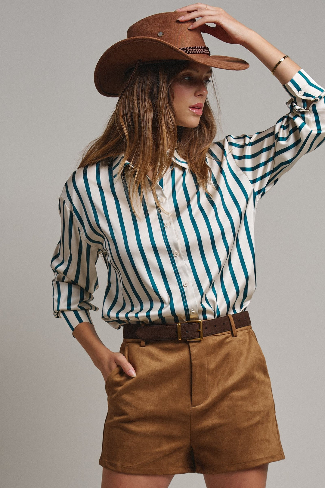Ribbon Stripe Satin Button Down in Emerald - Women's Wholesale Shirts & Blouses | Trend Notes