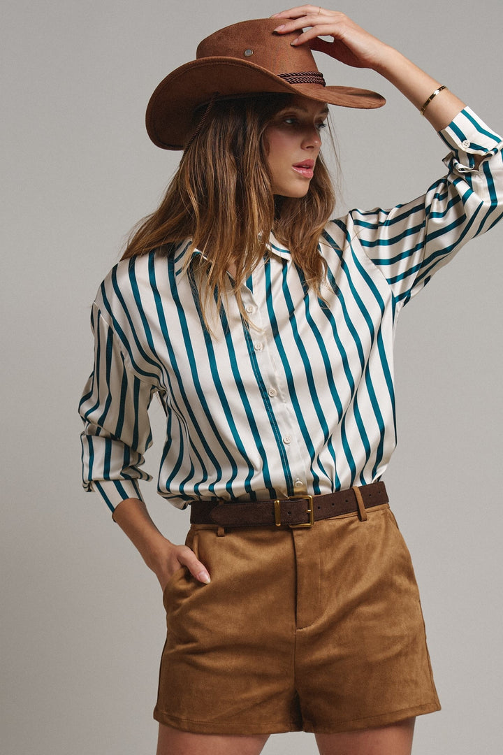 Ribbon Stripe Satin Button Down in Emerald - Women's Wholesale Shirts & Blouses | Trend Notes