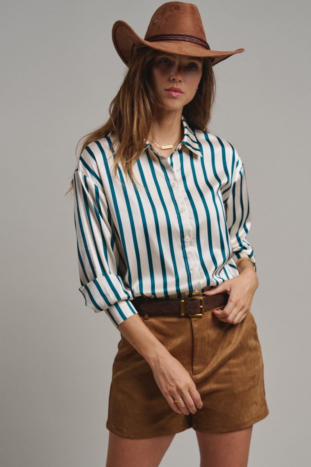Ribbon Stripe Satin Button Down in Emerald - Women's Wholesale Shirts & Blouses | Trend Notes