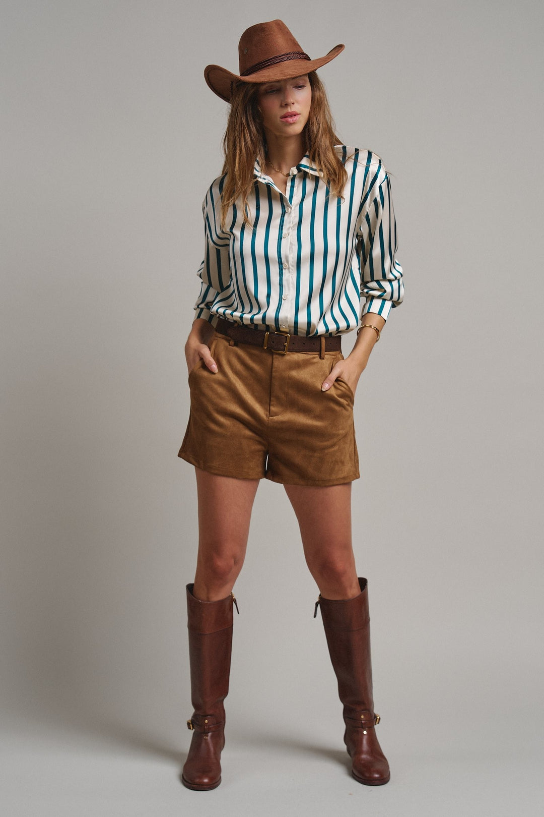 Ribbon Stripe Satin Button Down in Emerald - Women's Wholesale Shirts & Blouses | Trend Notes