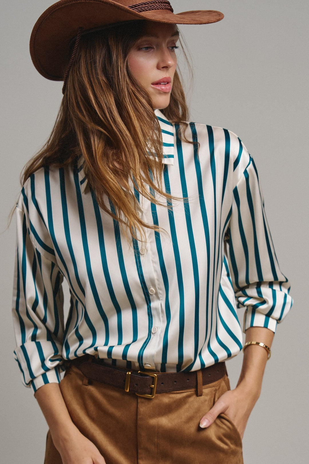 Ribbon Stripe Satin Button Down in Emerald - Women's Wholesale Shirts & Blouses | Trend Notes