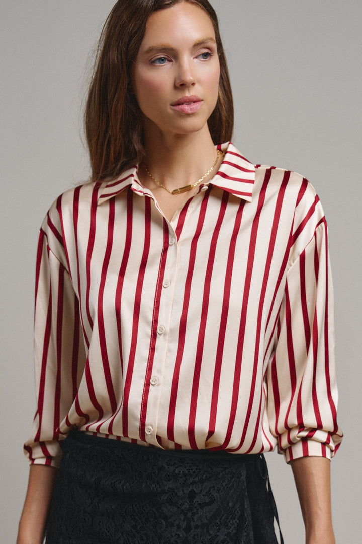 Ribbon Stripe Satin Button Down in Wine - Women's Wholesale Shirts & Blouses | Trend Notes