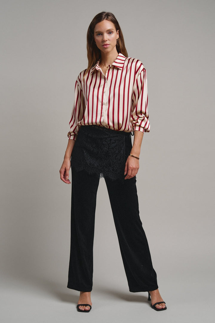 Ribbon Stripe Satin Button Down in Wine - Women's Wholesale Shirts & Blouses | Trend Notes