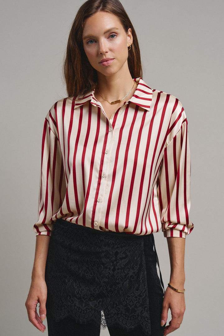 Ribbon Stripe Satin Button Down in Wine - Women's Wholesale Shirts & Blouses | Trend Notes